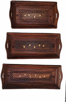 arman art & craft Wooden cooffee handcarved Tray Set of 3//Big Size, Medium Size, Small Size//Pure sheesham Wood Tray(3 Tray)