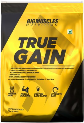 BIGMUSCLES NUTRITION True Gain Lean Whey Protein Muscle Mass Gainer, 3g Creatine, 1000 Kcal Per Serv. Weight Gainers/Mass Gainers(1 kg, Chocolate)