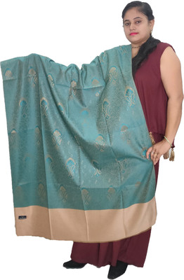 KAVIM Polyester Wool Blend Printed Women Shawl(Blue)