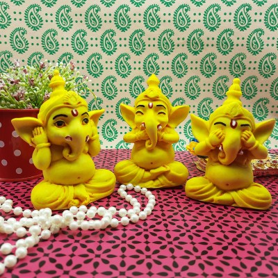 Ascension Set of 3 Ochre Ganesha idol Beautiful Lord Ganesh Idol Statue Murti diya Decorative Showpiece  -  10 cm(Polyresin, Yellow)