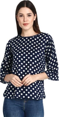 Justyou! Casual Bell Sleeve Polka Print Women Blue Top