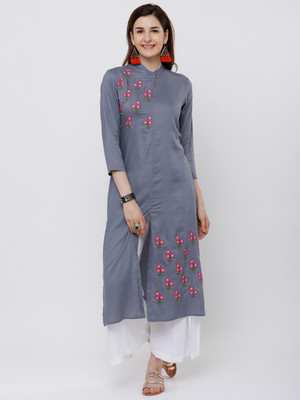 Vishudh Women Embroidered, Solid A-line Kurta(Grey)