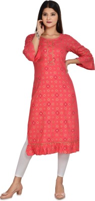 Khoosshie Women Bandhani Straight Kurta(Pink)