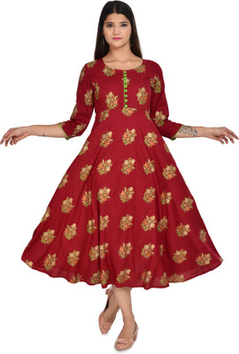Khoosshie Women Block Print Anarkali Kurta(Maroon)