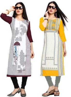 Urban Creation Women Printed A-line Kurta(White, Yellow)