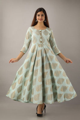 GLAM ROOTS Women Printed Flared Kurta(Light Green)