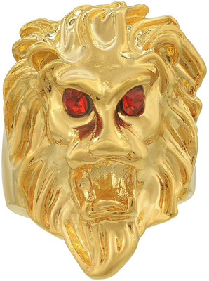 DULCI Micron Gold Plated Brass Red Cubic Zirconia Roaring Lion's Head Macho Design Finger Ring Band Ring for Mens/Boys Brass Cubic Zirconia Gold Plated Ring