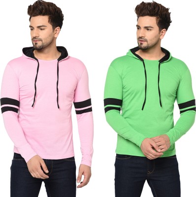 Moordale Striped Men Hooded Neck Pink, Light Green T-Shirt