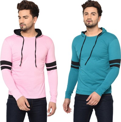 Moordale Striped Men Hooded Neck Blue, Pink T-Shirt