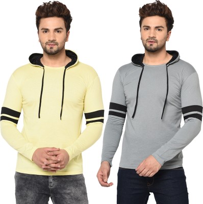 Moordale Striped Men Hooded Neck Grey, Yellow T-Shirt