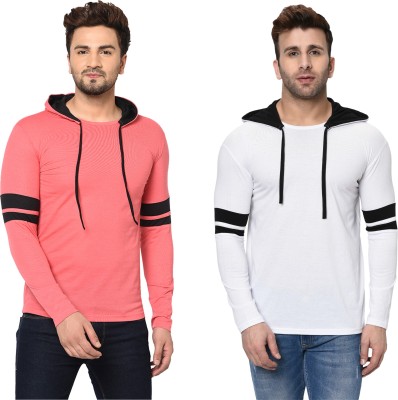 GAGCOBIA Solid Men Hooded Neck White, Pink T-Shirt