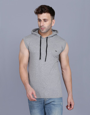 Menkovy Solid Men Hooded Neck Grey T-Shirt