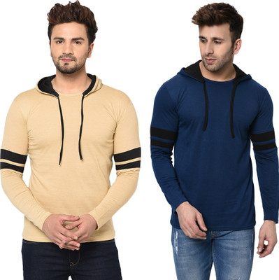 Jaskart Striped, Solid Men Hooded Neck Multicolor T-Shirt