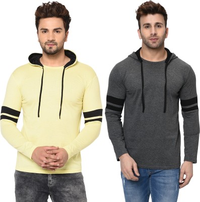 Bribzy Solid Men Hooded Neck Grey, Yellow T-Shirt