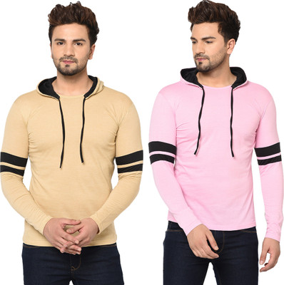 Jaskart Striped, Solid Men Hooded Neck Multicolor T-Shirt