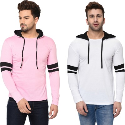 Tivy Solid Men Hooded Neck White, Pink T-Shirt