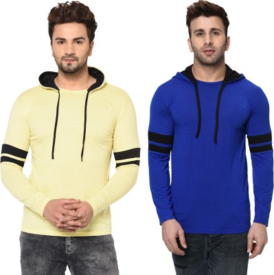 Bribzy Solid Men Hooded Neck Dark Blue, Yellow T-Shirt