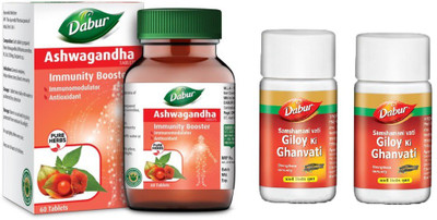 Dabur Ashwagandha and Gilloy Ghanvati Tablets for Strengthening Immunity(Pack of 3, 140)
