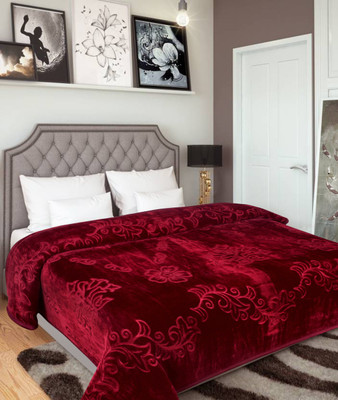 Oshano Floral Double Mink Blanket for  Heavy Winter(Polyester, Maroon)