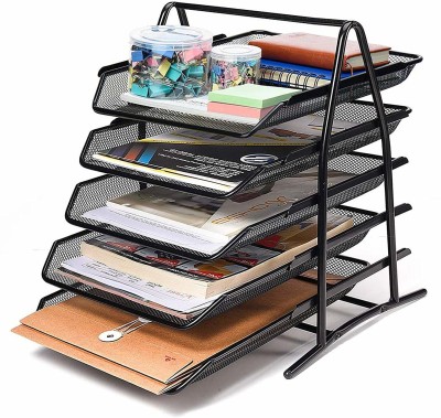 HONESTSTORE 5 Compartments Metal File Rack Letter Tray A4 Papers Documents Holder Desk Organizer for Office(Black)