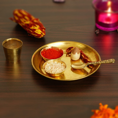 eCraftIndia 5 Inch Brass Pooja Thali with 2 Katori/Bowls, 1 Spoon and 1 Glass Decorative Showpiece  -  2.5 cm(Brass, Gold)