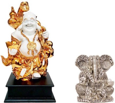 Kanhagift Fengshui God Laughing Buddha Vastu Gold plated Statue with wooden base and God Ganesh / Ganpati / Lord Ganesha Idol - Statue Gift item Decorative Showpiece Decorative Showpiece  -  26 cm(Gold Plated, Multicolor)