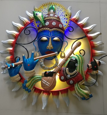 HNE Indian Handmade Metal Antique Modern Lord Krishna and Meera Wall Mounted and Hanging Sculpture Artwork with LED Light for Home Office (23-Inch, Multicolor) Decorative Showpiece  -  55 cm(Iron, Multicolor)
