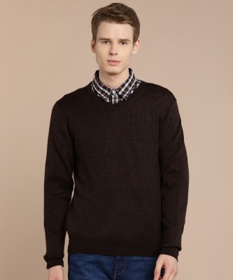 ARROW Solid V Neck Casual Men Brown Sweater