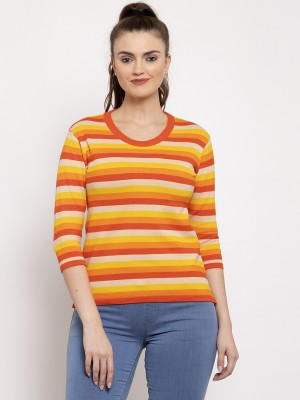 KALT Casual 3/4 Sleeve Striped Women Yellow Top