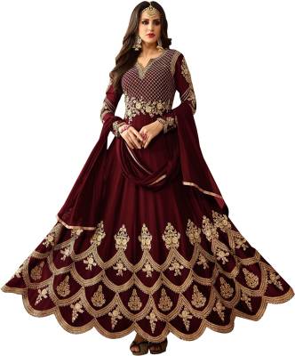 Embroidered Poly Silk Semi Stitched Anarkali Gown  (Maroon)