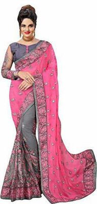 RamKrupa Creation Embroidered, Solid/Plain Bollywood Georgette Saree(Pink, Grey)