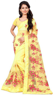 JANVI CREATION Self Design, Printed, Applique, Embroidered, Solid/Plain Bollywood Net Saree(Yellow)