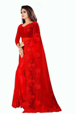 RamKrupa Creation Embroidered Bollywood Net Saree(Red)