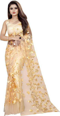 QEXTY Embroidered Bollywood Net Saree(Cream)