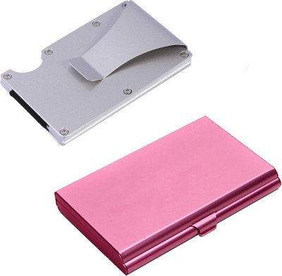 StealODeal Combo Silver Aluminium Alloy Rfid Protected Case With Mirror Inside-Pink 15 Card Holder(Set of 2, Silver, Pink)