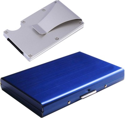 StealODeal Combo Silver Aluminium Alloy Rfid Protected Case With Blue 15 Card Holder(Set of 2, Silver, Blue)