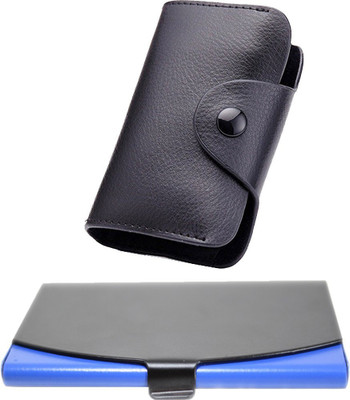 StealODeal New Black Leatherite High Quality Case With Black-Blue Steel 15 Card Holder(Set of 2, Multicolor)