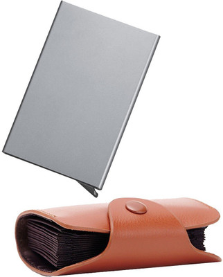 StealODeal New Brown Leatherite High Quality Case With Silver Automatic Pop-Up Button 15 Card Holder(Set of 2, Silver, Brown)