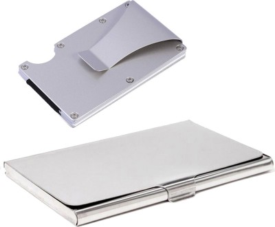 StealODeal Combo Silver Aluminium Alloy Rfid Protected Case With Stainless Steel 15 Card Holder(Set of 2, Silver)