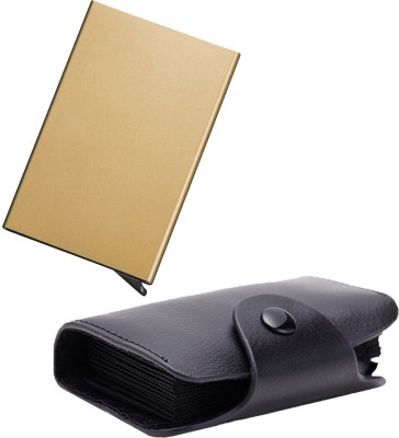 StealODeal New Black Leatherite High Quality Case With Gold Automatic Pop-Up Button 15 Card Holder(Set of 2, Gold, Black)