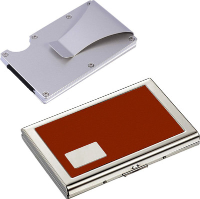 StealODeal Combo Silver Aluminium Alloy Rfid Protected Case With Brown Leather Piece 15 Card Holder(Set of 2, Silver, Brown)