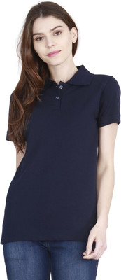 Fleximaa Solid Women Polo Neck Dark Blue T-Shirt