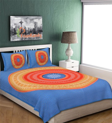 FrionKandy 240 TC Cotton Double Jaipuri Prints Flat Bedsheet(Pack of 1, Aqua Blue Orange)