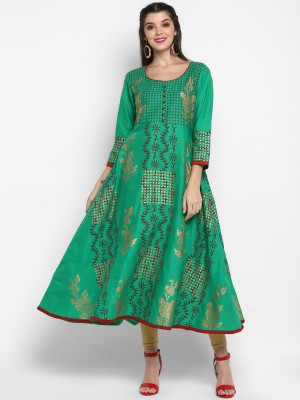 G Kurties Women Block Print, Bandhani Anarkali Kurta(Green)