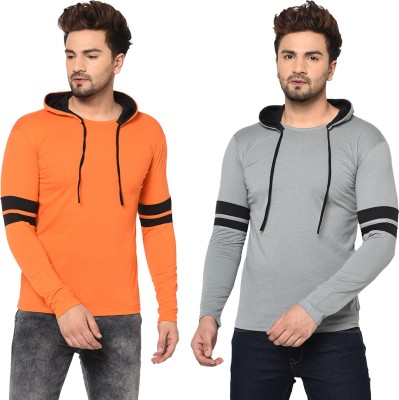 Bribzy Solid Men Hooded Neck Orange, Grey T-Shirt