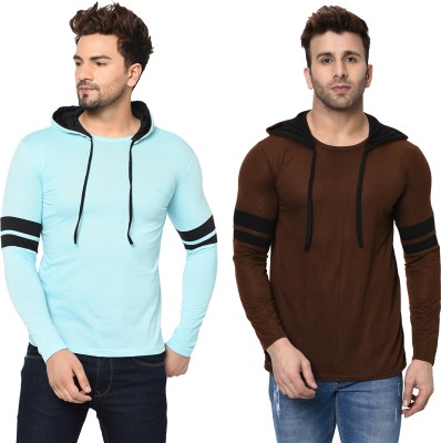 Moordale Striped Men Hooded Neck Light Blue, Brown T-Shirt