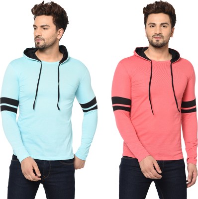 Moordale Striped Men Hooded Neck Light Blue, Pink T-Shirt