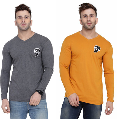 GEUM Solid Men V Neck Gold, Grey T-Shirt