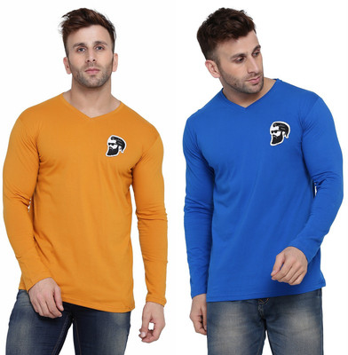 GEUM Solid Men V Neck Gold, Blue T-Shirt