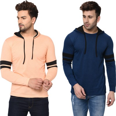 Bribzy Solid Men Hooded Neck Light Blue, Beige T-Shirt